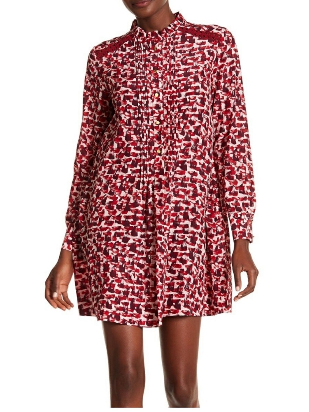 Kate Spade Silk Brushed Printed Long-Sleeve Shift Dress Embroidered Trim Size XL